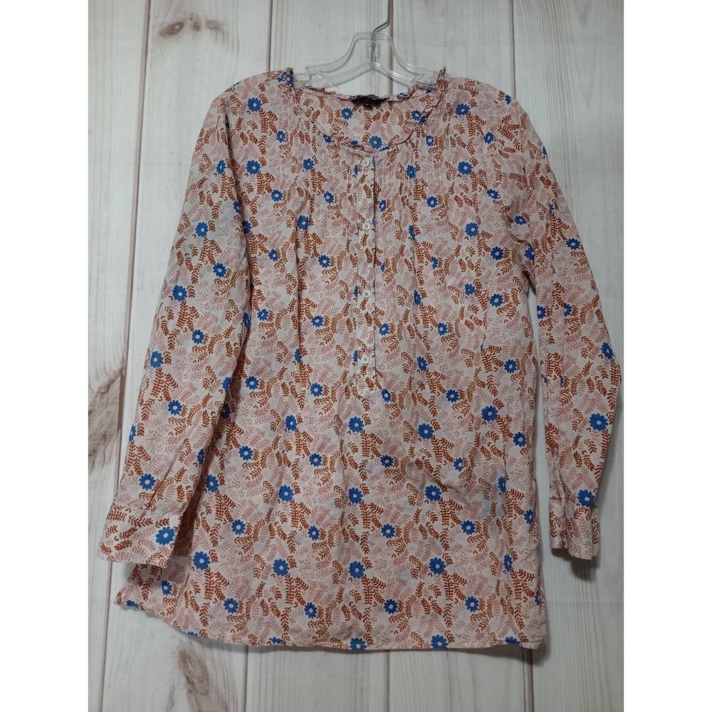 Talbots Plus Womens 1X Floral Ruffle Neck Blouse Pink Blue Long Sleeve Pleated
